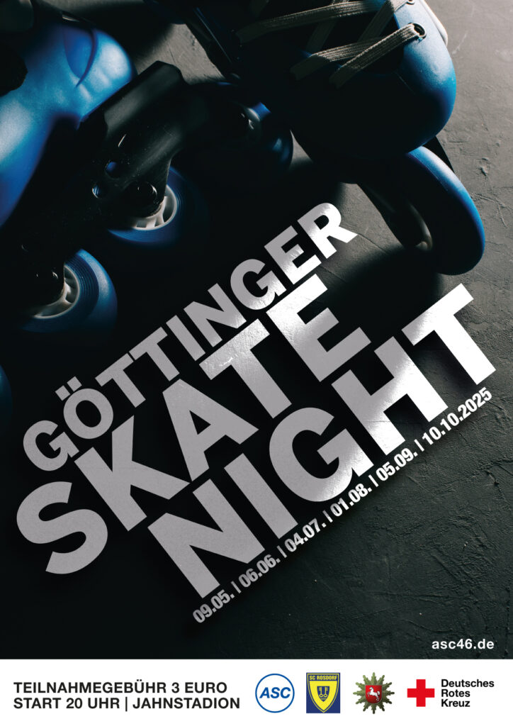 Poster mit Nahaufnahmen von Inline-Skate-Rollen, das neben Veranstaltungsdatum und -ort auch die „Göttinger Skate Night“ hervorhebt. Startgebühr und Sponsorenlogos sind unten abgebildet – ein Muss für alle Skate- und Laufen-Fans!.